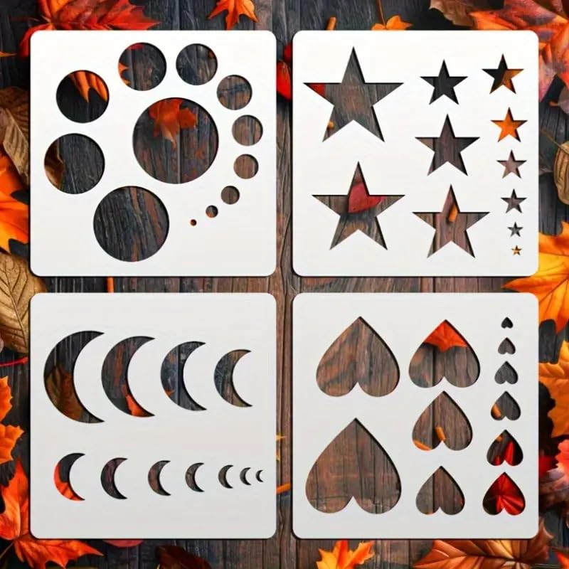 4 Pcs Geometric Stencils 4x4 Inch – Moon, Sun, Star, Heart Painting Template Set – Reusable DIY Hollow Out Stencils for Wall, Canvas, Face Painting, Scrapbooking, Furniture & Home Décor Crafts